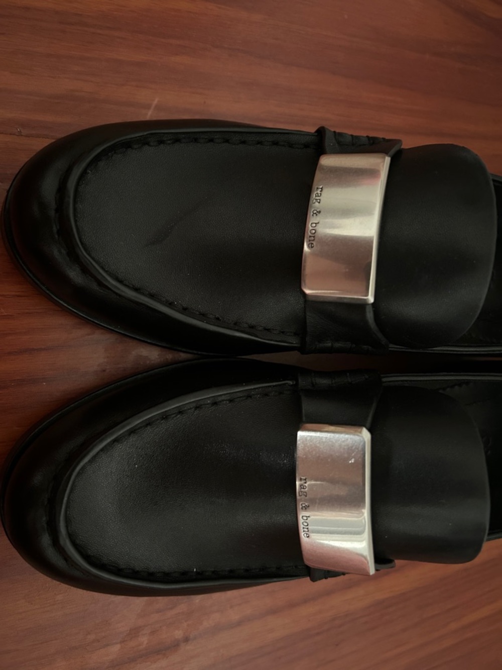 rag & bone Black Leather Penny Loafers with Silver Plaque - Picture 3 of 8